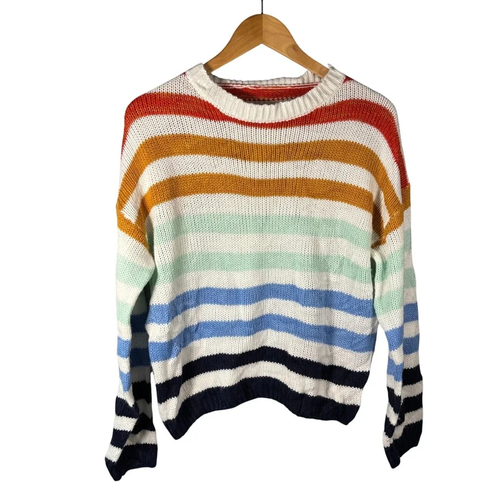 Womens Striped Knit Sweater Small Multi Color Crew Neck‎ Long Sleeve Acrylic